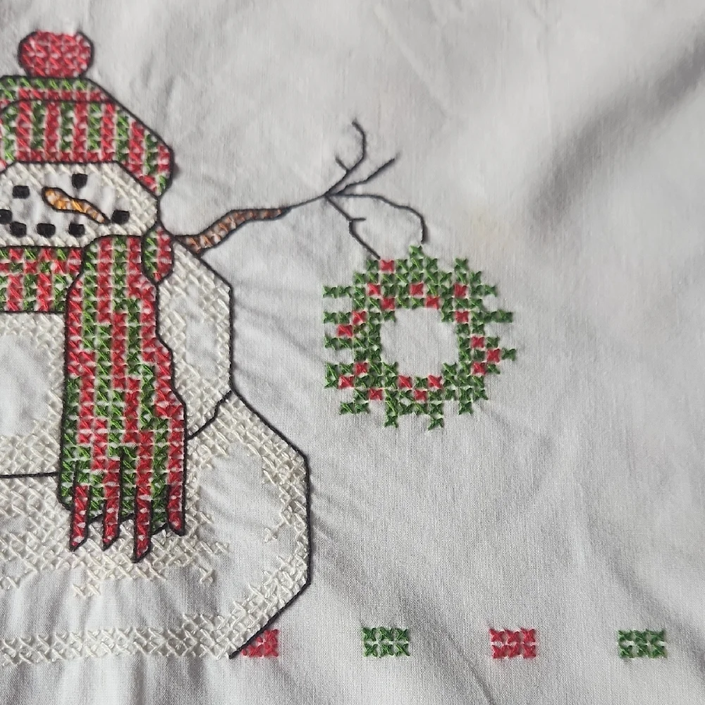 Vtg Festive Snowman Embroidered Holiday Tea Towel